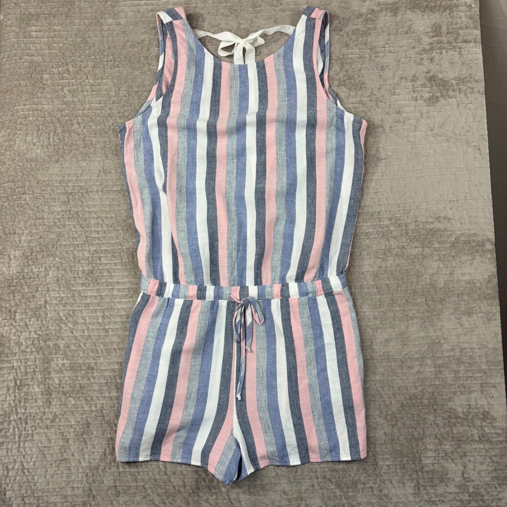 Bella Dahl Womens Striped Romper Pink Blue White Sleeveless Tie Back Large